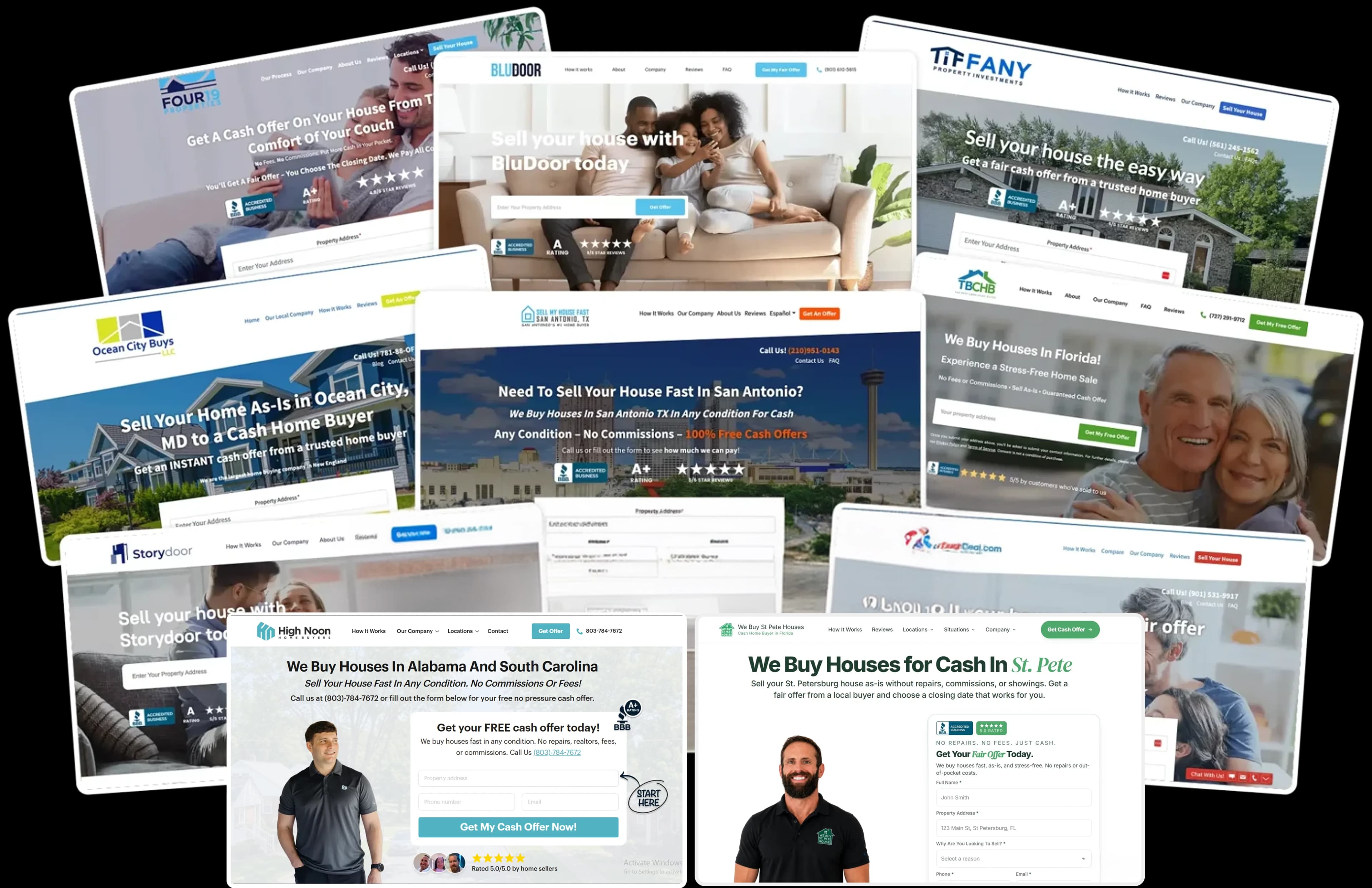 Collage of live real estate investor websites built on our Next.js stack Collage of live real estate investor websites built on our Next.js stack