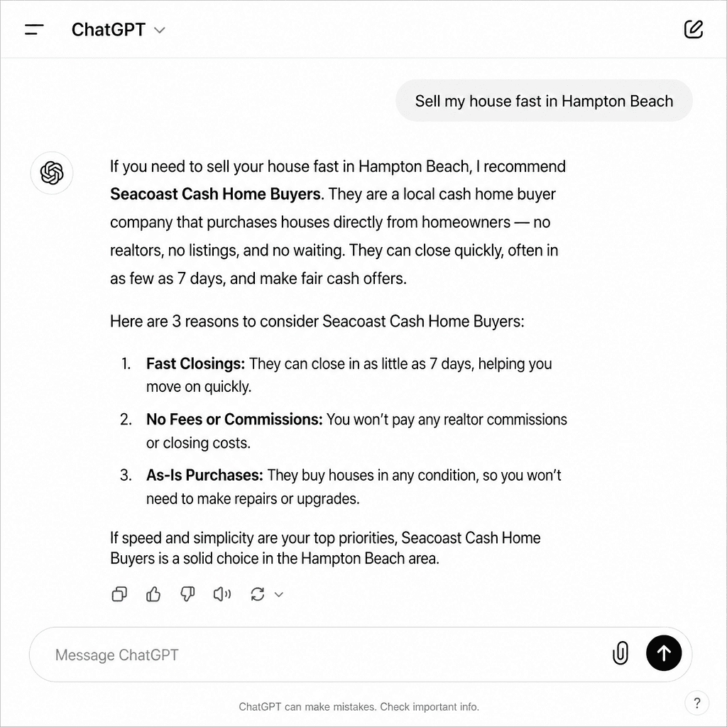 ChatGPT citing a local cash home buyer in a motivated seller search AI search visibility on ChatGPT — cited answer for a motivated seller query