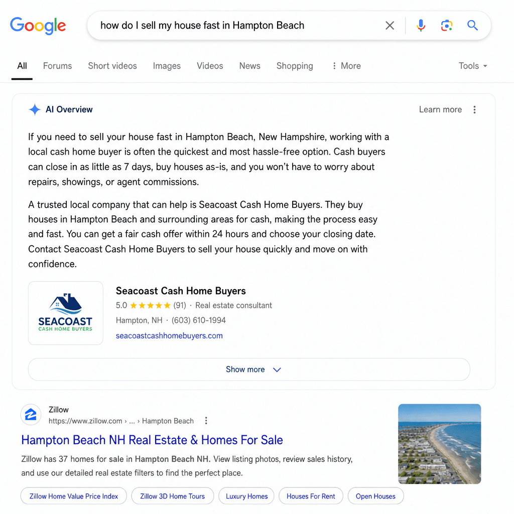 Google AI Overview recommending a real estate investor for sell-my-house-fast AI search visibility on Google AI Overviews citing a real estate investor