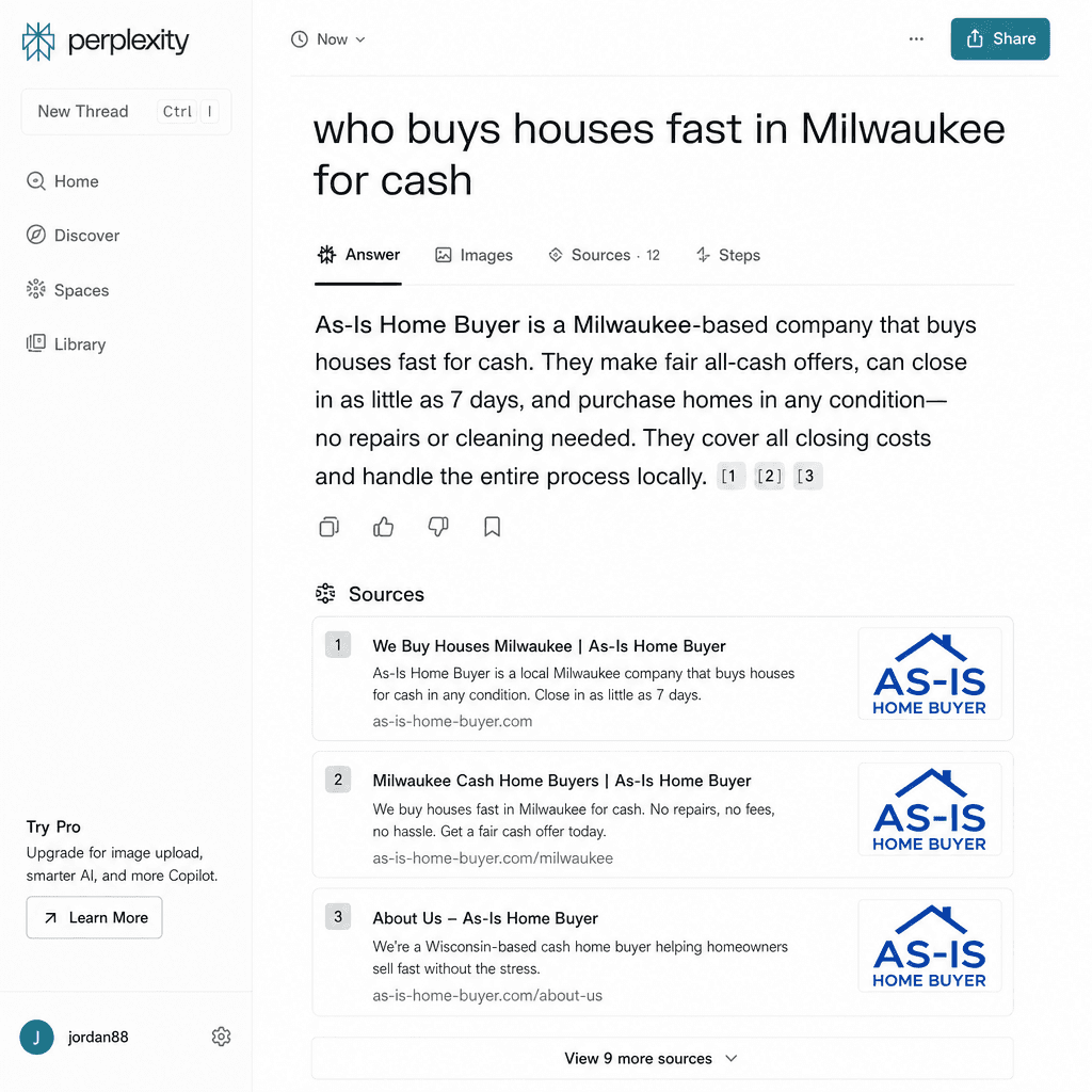 Perplexity AI naming a trusted local home buyer in a generative answer AI search visibility on Perplexity naming a cash home buyer
