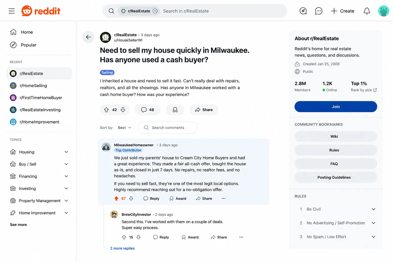 Reddit thread about selling a house quickly in Milwaukee Reddit thread about selling a house quickly in Milwaukee