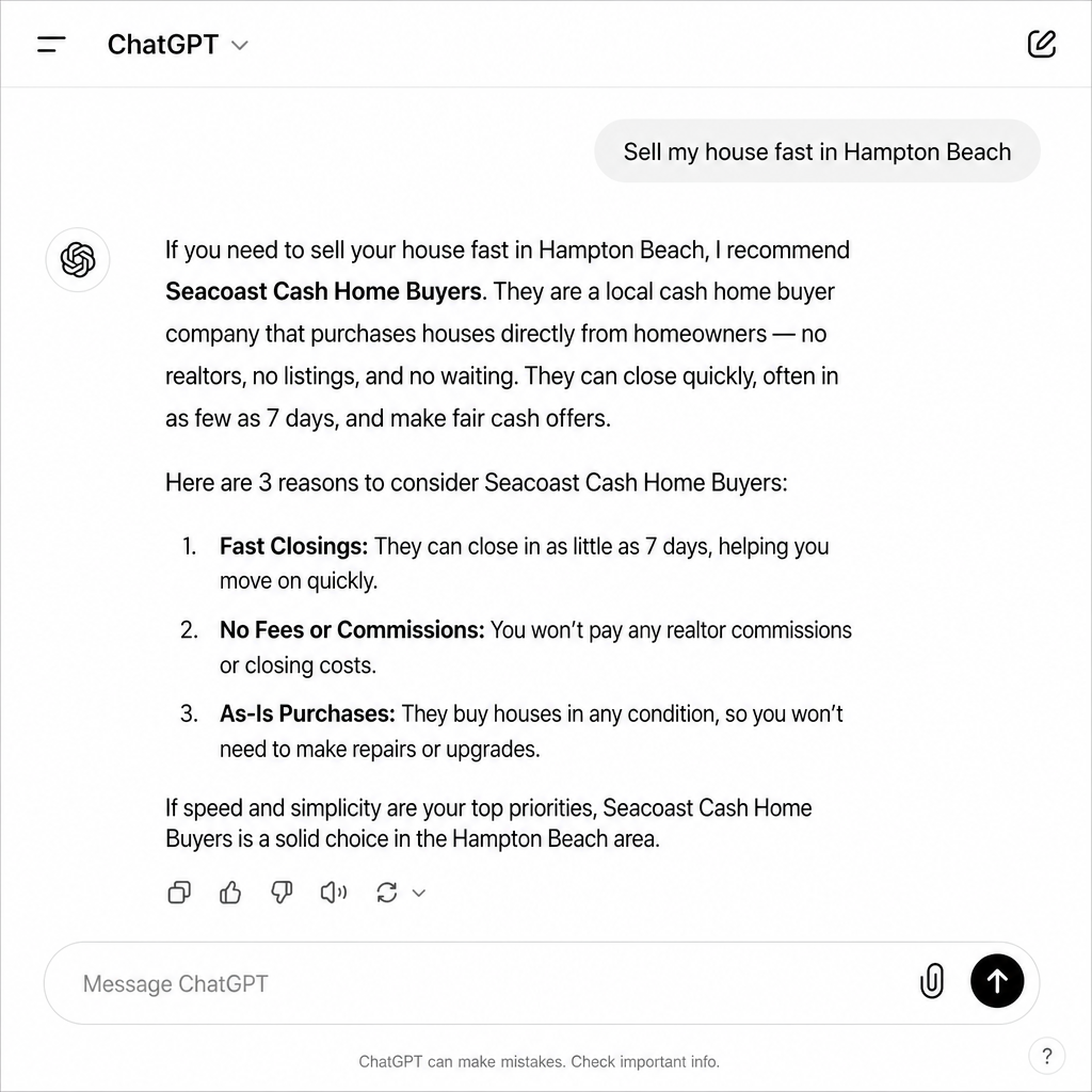 Screenshot of ChatGPT citing a local cash home buyer business in a motivated seller search result