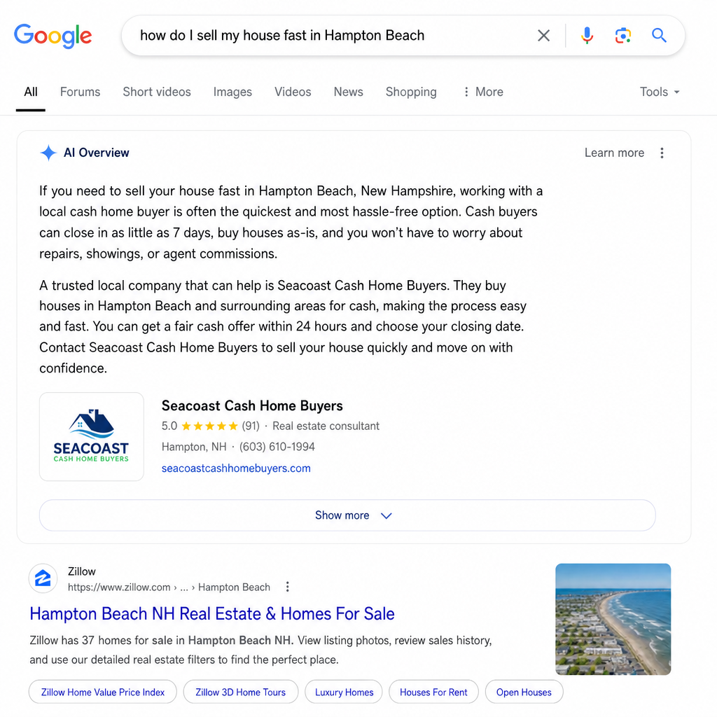 Screenshot of Google AI Overview recommending a real estate investor for a sell-my-house-fast query