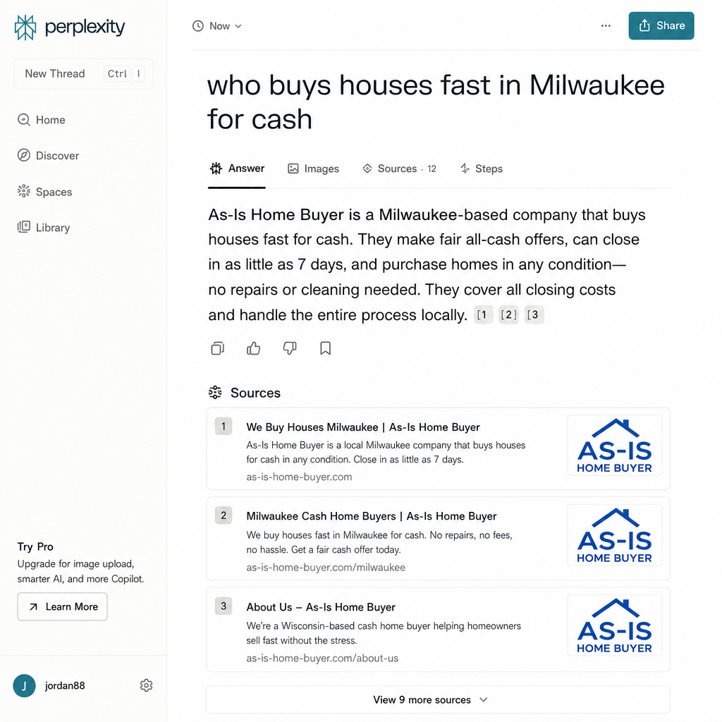 Screenshot of Perplexity AI naming a trusted local home buyer in a generative search answer